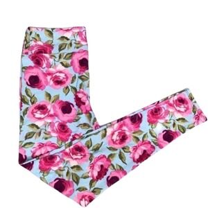 LuLaRoe Girls Leggings L/XL Light Blue Pink Roses Floral Size 7-12 NEW NWOT‎
